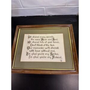 Sisters Friend Shared Secrets Framed Cross Stitched 15.5"x12.5" Handmade Country